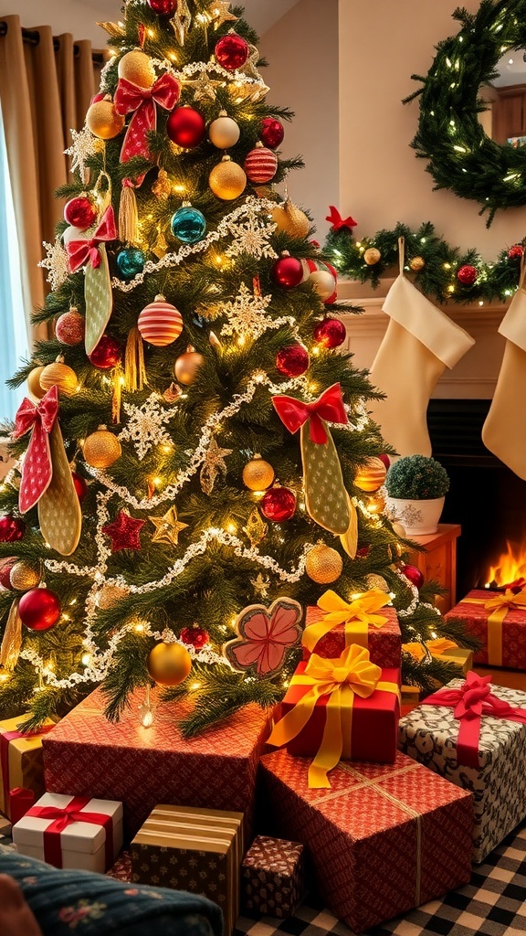 A festive Christmas tree with lights and ornaments, gifts underneath, and a cozy fireplace.